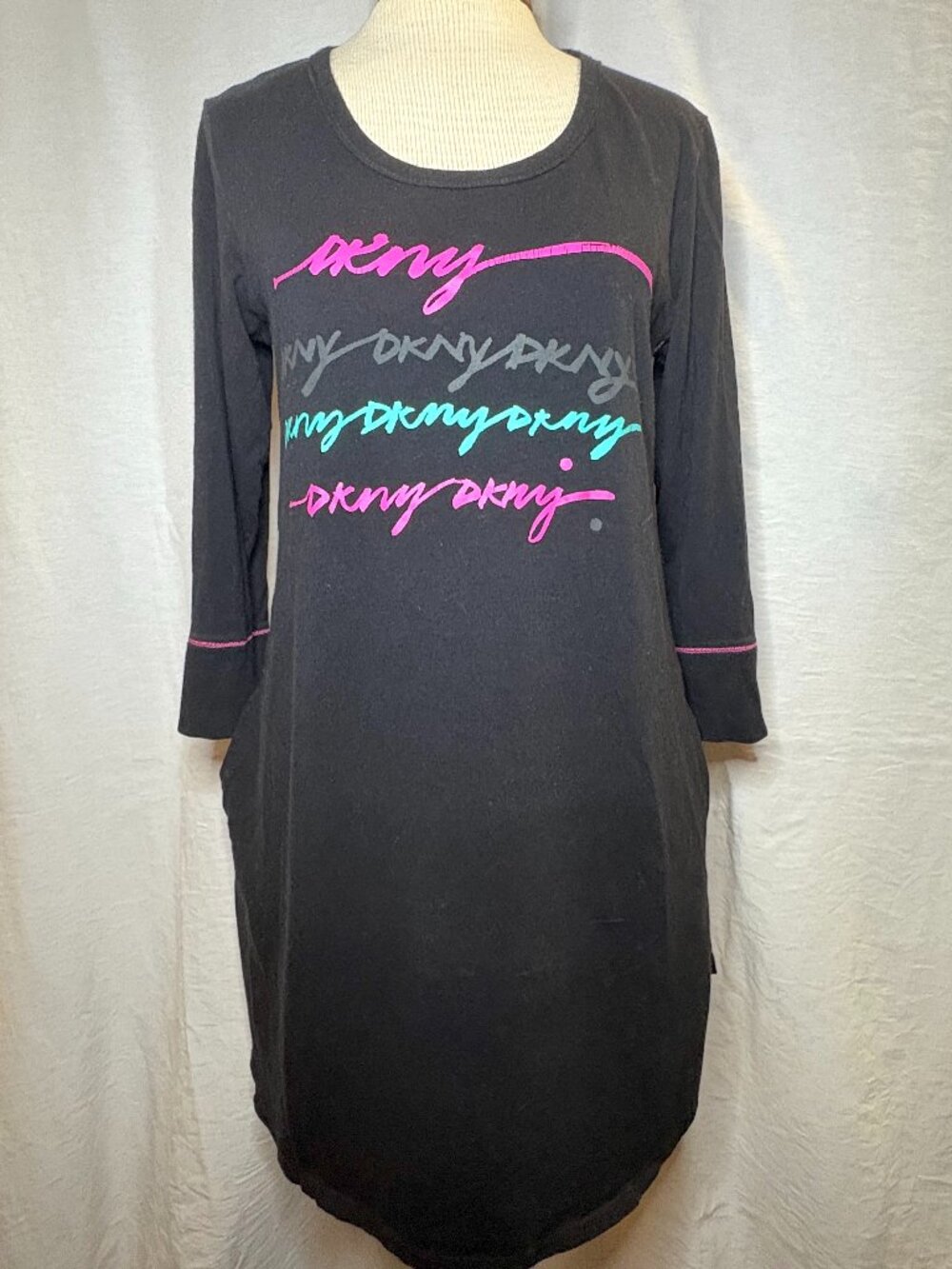 DKNY Sleep Shirt or Minidress Black Logo Print Pink Contrast Stitch Size M 2010